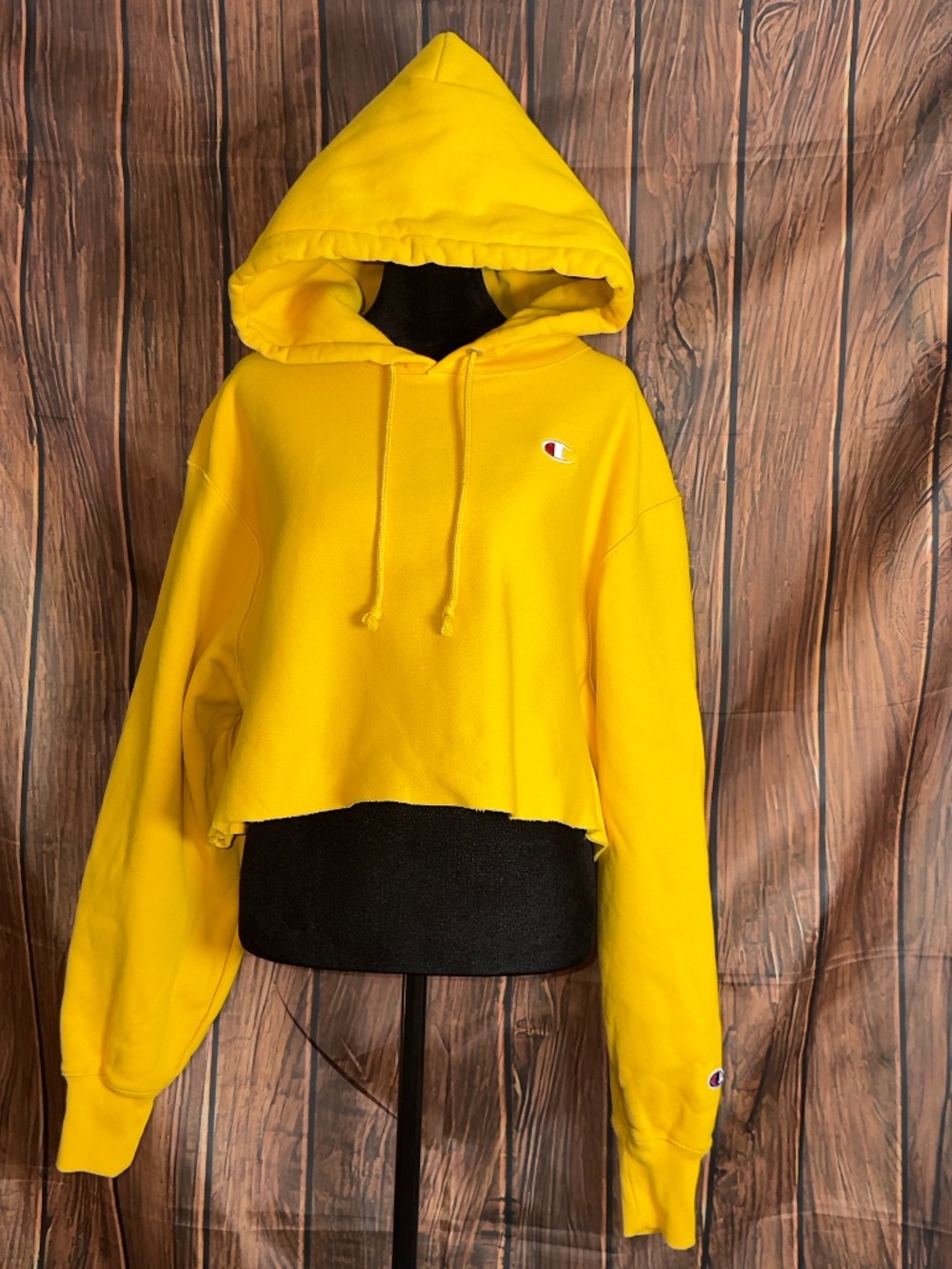 Champion Reverse Weave Cropped Hoodie Large Yellow Raw Hem Logo Sweatshirt
